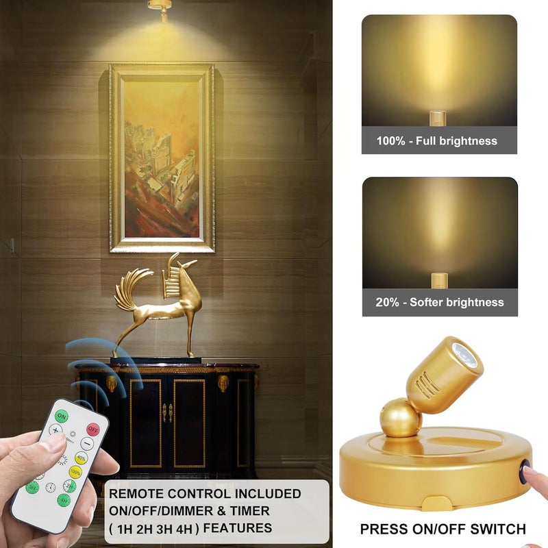 HAMVIDNE Indoor Spotlight, Battery Operated Spotlights with Remote, Picture Lights for Wall, Plant Tree Spotlight with Timer, Up Lights for Art Display Dartboard Painting Artwork Accent Frames-Gold - Image 2